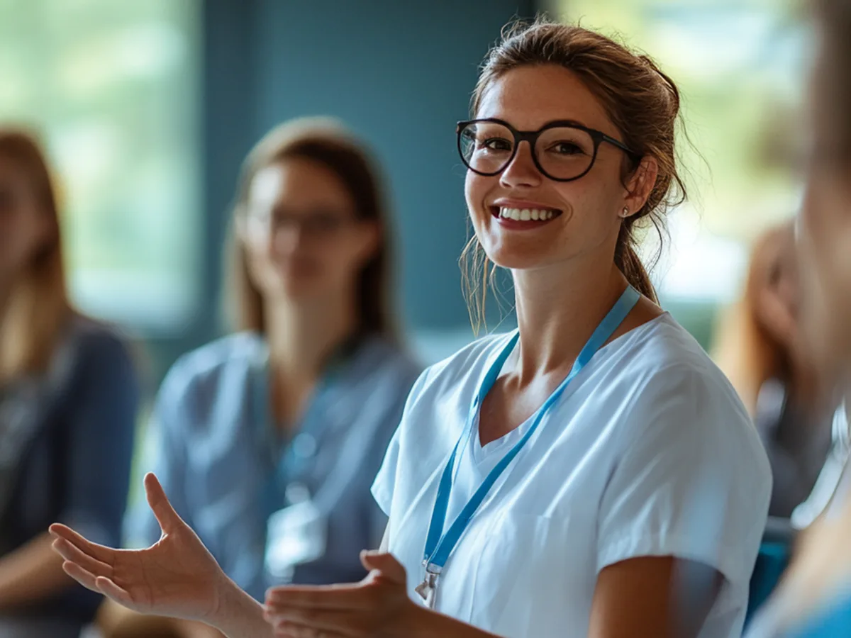 Pflegekraft erklärt Hygieneinhalte in einer Schulung – Erklärfilme und Schulungsvideos für Klinik und Pflege